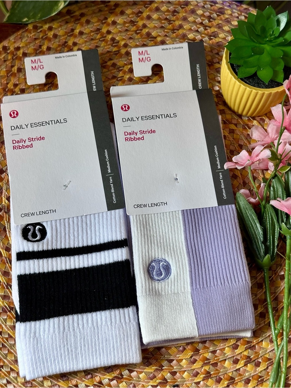 Lululemon Daily Essentials  Crew Socks — White, Black & Light Purple